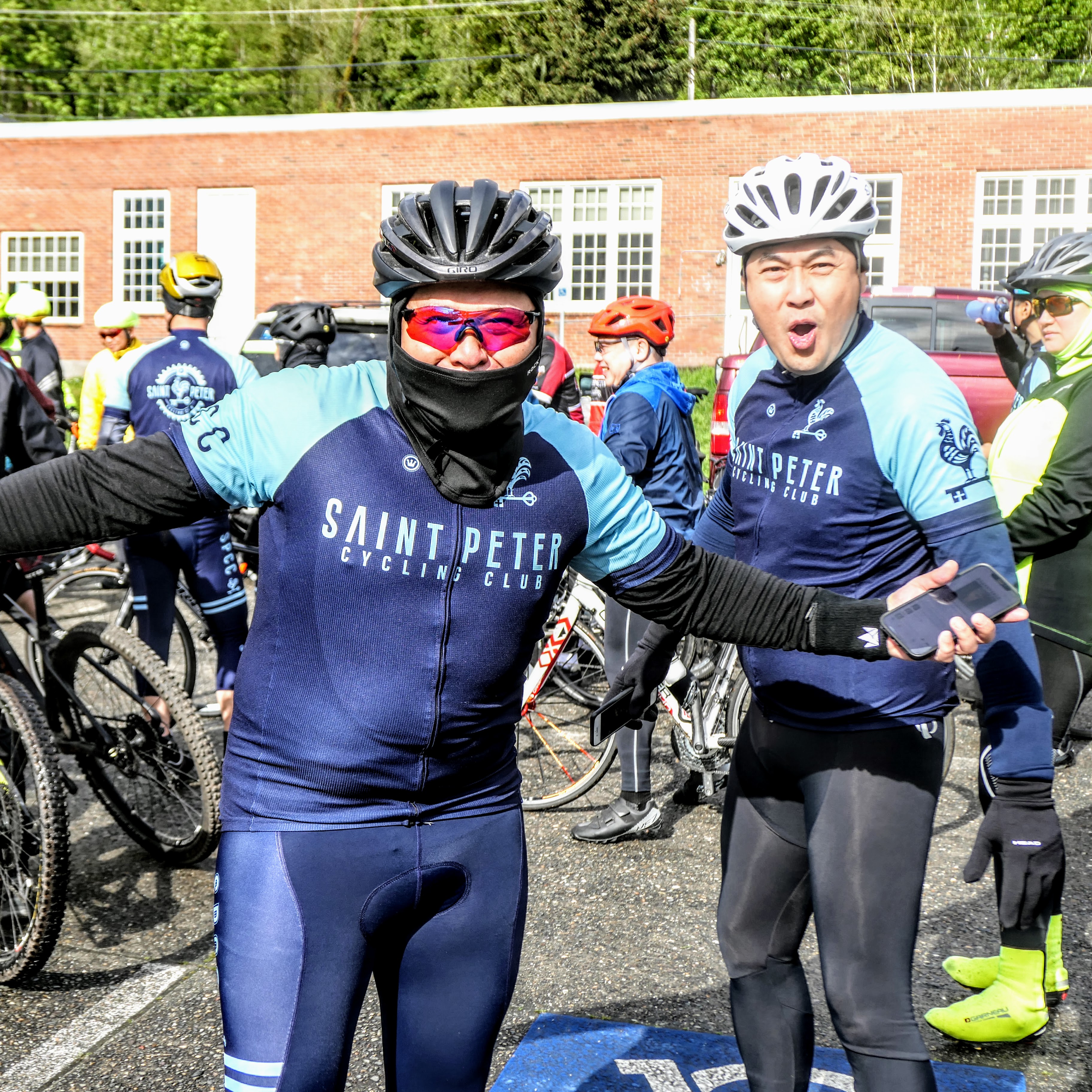 Clowning around outside Cascade's offices prior to the ride