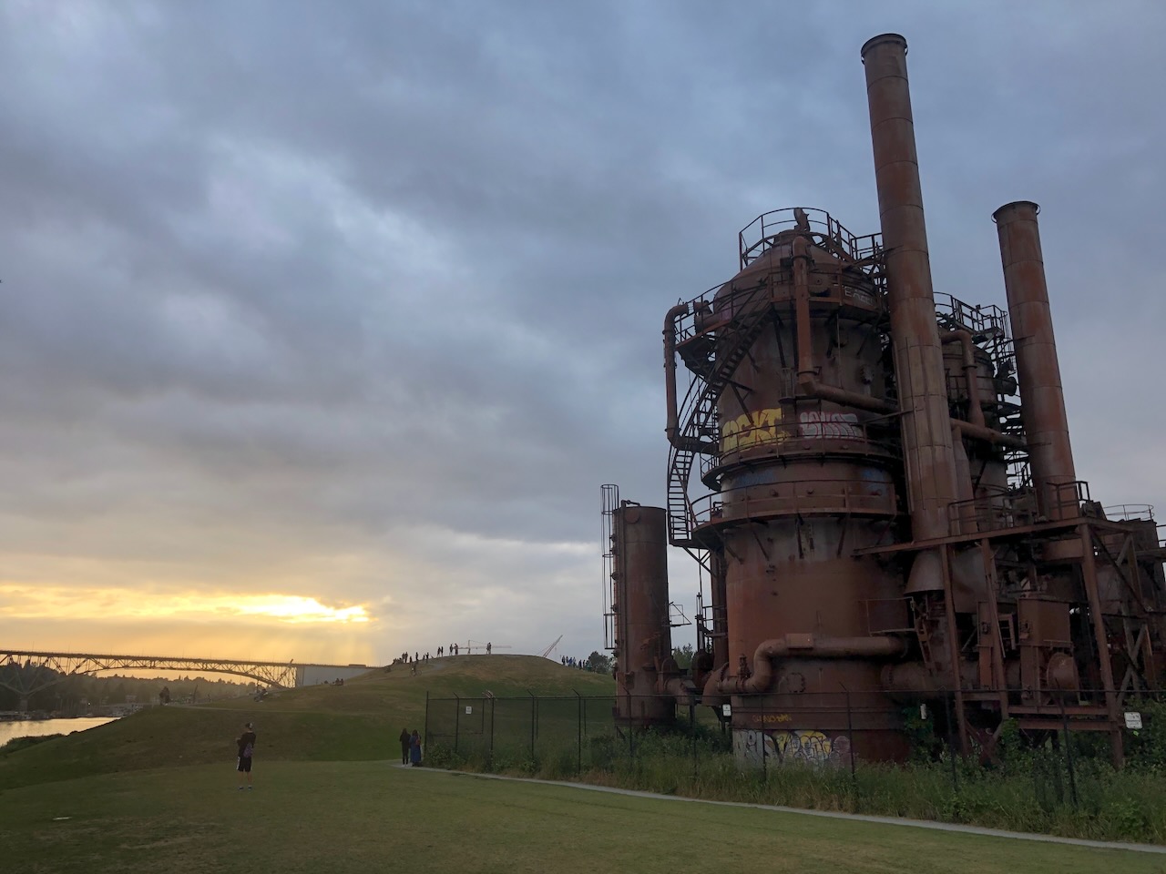 Sunset view of old gas towers at Gas Works Park